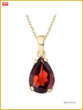 Garnet Pendant Necklace 14K Gold Plated Silver 45cm Women
